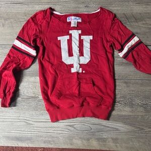 Red IU Sweatshirt with Striped Sleeves bedazzled small